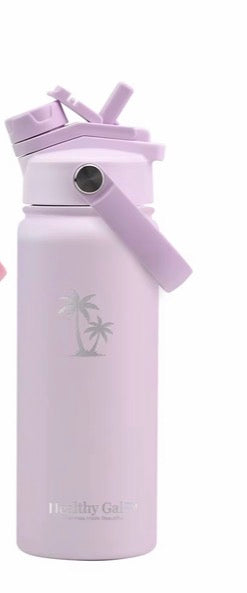 Healthy Gal™ Move Hydration Bottle in lavender with palm tree logo and carry handle, product shot on white background