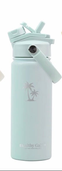 Healthy Gal™ Move Hydration Bottle in sage with palm tree logo and carry handle, product shot on white background