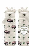Healthy Gal™ Move Hydration Bottle limited-edition print showing front and back — white bottle with pink Bronco trucks, palm trees, and hearts pattern