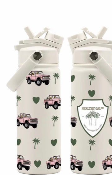 Healthy Gal™ Move Hydration Bottle limited-edition print showing front and back — white bottle with pink Bronco trucks, palm trees, and hearts pattern