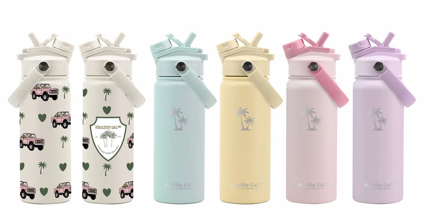 All five Healthy Gal™ Move Hydration Bottle colorways lined up: limited-edition print (front and back), sage, butter yellow, blush pink, and lavender