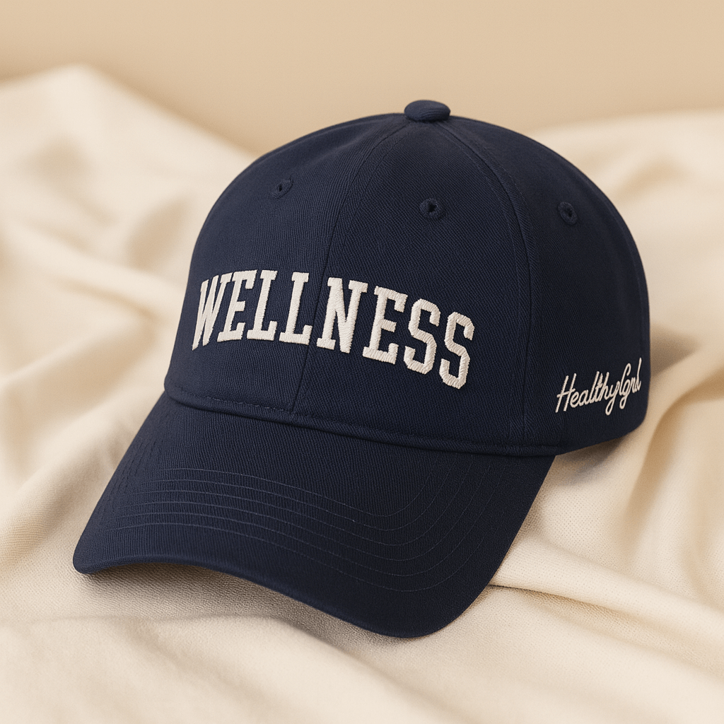 Close-up of the Healthy Gal™ Wellness Classic Cap in navy, showing white varsity "WELLNESS" and "Healthy Gal" script embroidery, resting on cream linen fabric