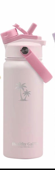 Healthy Gal™ Move Hydration Bottle in blush pink with palm tree logo and carry handle, product shot on white background