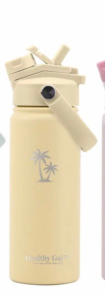 Healthy Gal™ Move Hydration Bottle in butter yellow with palm tree logo and carry handle, product shot on white background