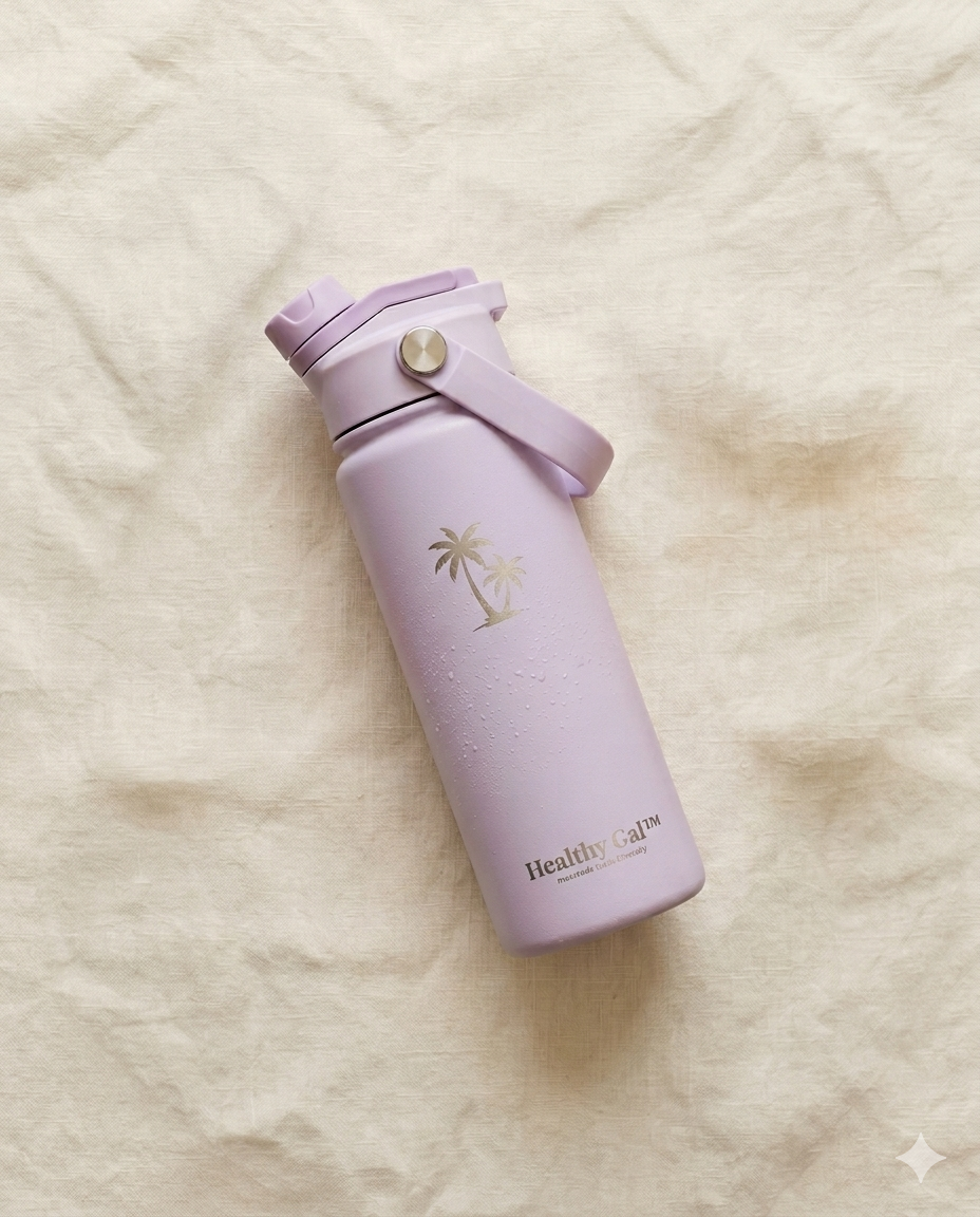 Healthy Gal™ Move Hydration Bottle in lavender lying on a white linen surface, flat lay view showing the palm tree logo