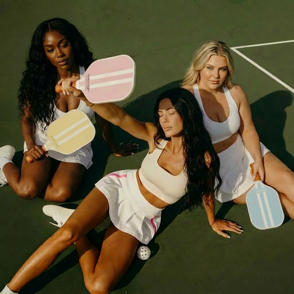 Three women posing on a pickleball court holding Healthy Gal™ Move pickleball paddles in pink, yellow, and blue colorways