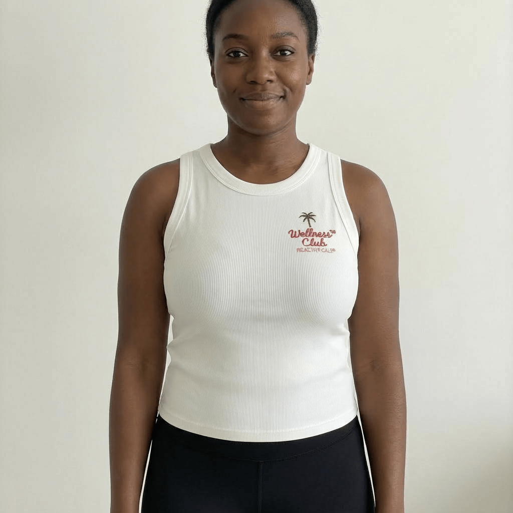 Full-body front view of the Healthy Gal™ Wellness Club Tank in white ribbed fabric with embroidered logo, styled with black leggings