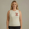 Woman wearing the Healthy Gal™ Happy Hour Pilates Tank in cream with red embroidered retro logo, styled with black leggings on a neutral background